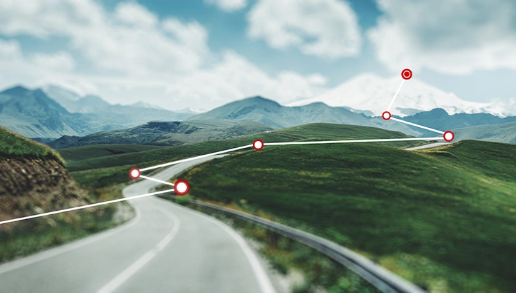 A landscape map with points signifying a journey to accident care and pain relief.
