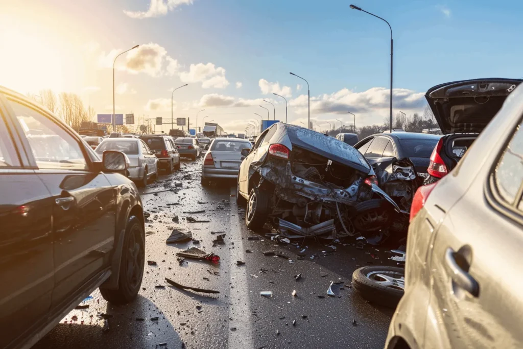 Multi-vehicle pileup on a highway, representing serious car accidents involving multiple drivers that often require post-accident medical care.