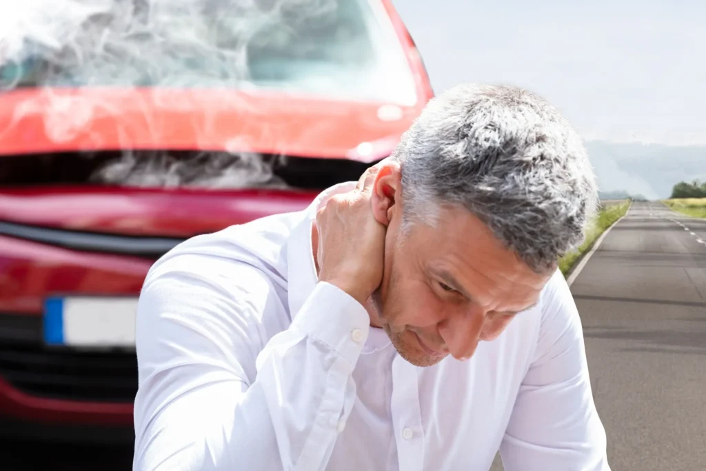 Man holding his neck in pain beside a crashed car with a smoking hood, representing common whiplash injuries treated by Oklahoma car accident doctors.